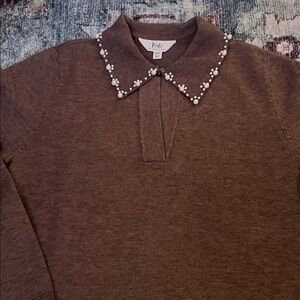 Chic Brown V-Neck Sweater with Embellished Collar